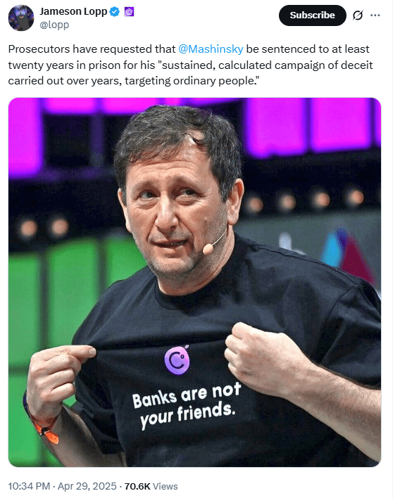 Prosecutors Push 20-Year Term for Mashinsky. Source: Jameson Lopp on X