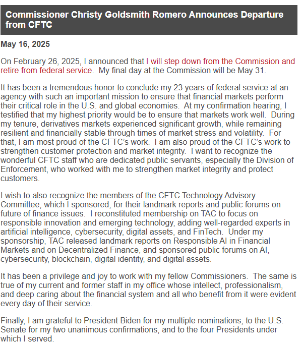 Romero Confirms CFTC Exit by May 31. Source: CFTC.gov