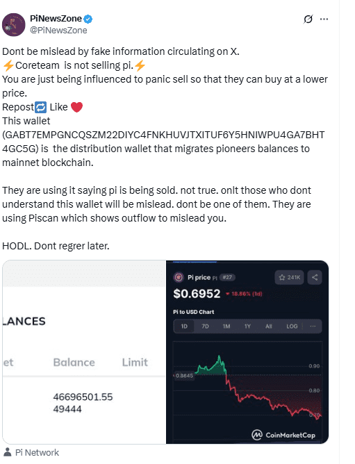 Pi Wallet GABT7EMP Defended Amid Sell-Off Claims. Source: PiNewsZone on X