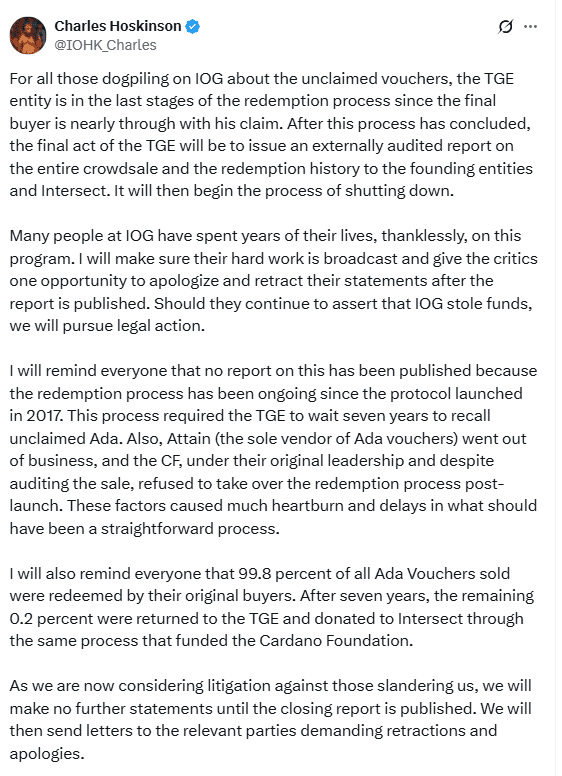 Hoskinson Defends TGE Process and ADA Redemption. Source: Charles Hoskinson on X