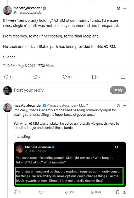 Masato Questions ADA Fund Transparency and Governance. Source: Masato Alexander on X