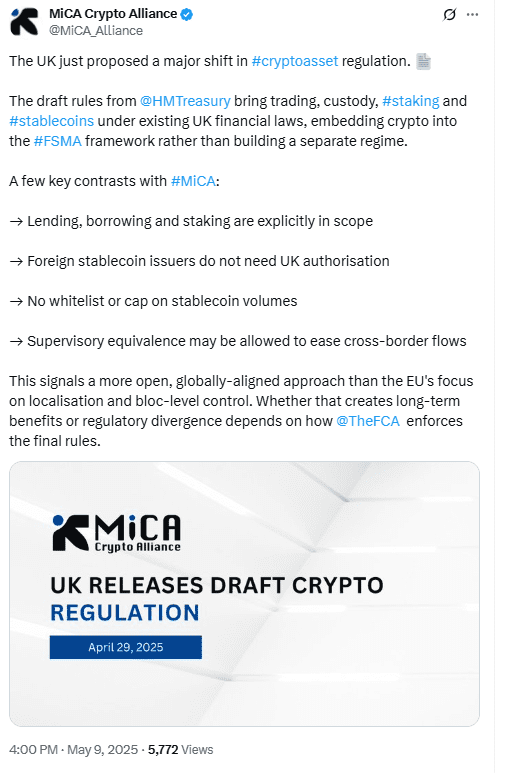 UK Draft Crypto Rules Shared by MiCA. Source: MiCA Crypto Alliance