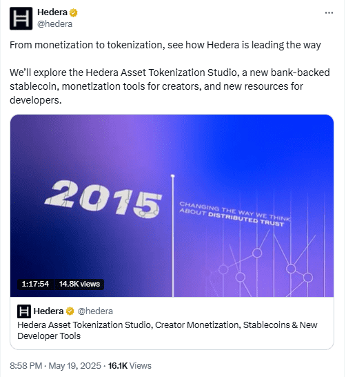 Hedera Tokenization Update 2025. Source: Hedera