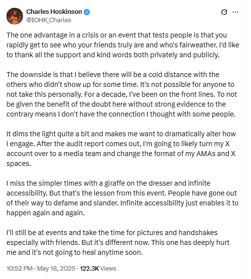 Charles Hoskinson Breaks Silence on ADA Allegations. Source: X/@IOHK_Charles