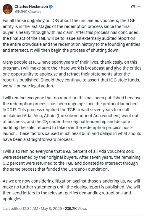 Hoskinson Defends ADA Redemption Process and Threatens Legal Action. Source: X/@IOHK_Charles