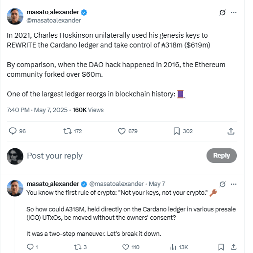Masato Accuses Hoskinson of $619M Ledger Reorg. Source: X/@masatoalexander