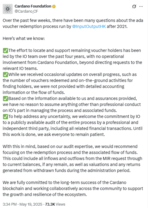 Cardano Foundation Clarifies ADA Voucher Role Post 2021. Source: X/@Cardano_CF