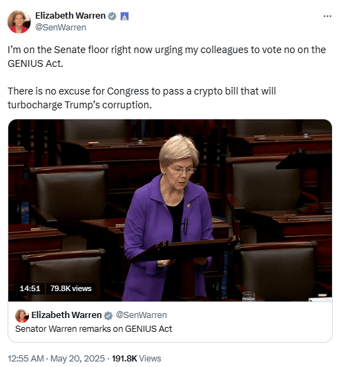 Elizabeth Warren Opposes GENIUS Stablecoin Bill on Senate Floor. Source: SenWarren on X