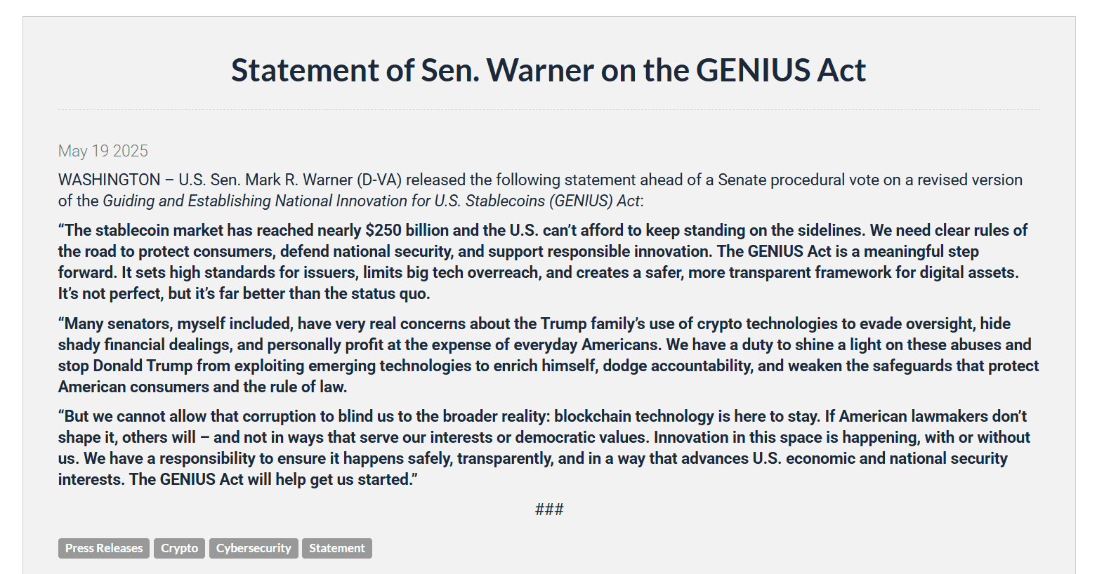 Mark Warner Backs GENIUS Stablecoin Bill Amid Trump Crypto Criticism. Source: Senator Mark Warner