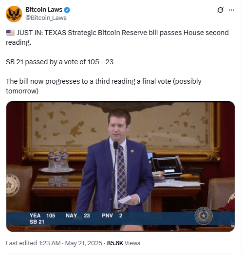 Texas Bitcoin Reserve Bill Clears Second Reading. Source: Bitcoin Laws
