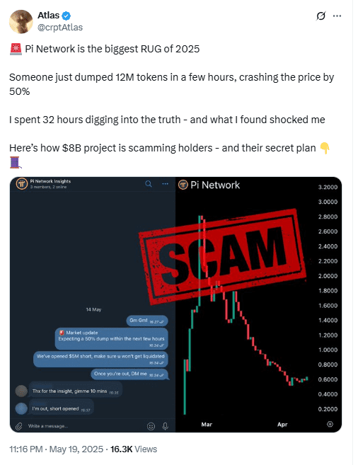 Atlas Accuses Pi Network of $8B Scam After 12M Token DumpSource: X (