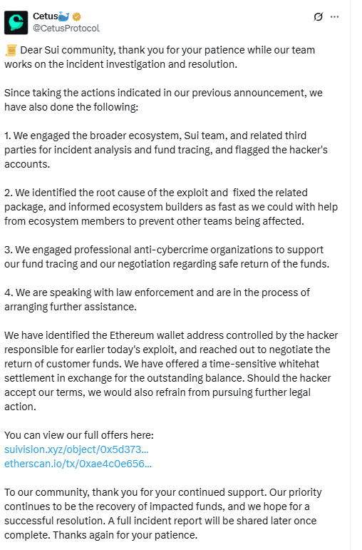 Cetus Protocol Statement on $260M Exploit. Source: X (@CetusProtocol)