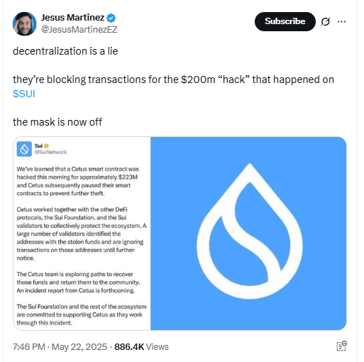 Jesus Martinez Criticizes Sui Over Cetus Hack Freeze. Source: X (@JesusMartinezEZ)