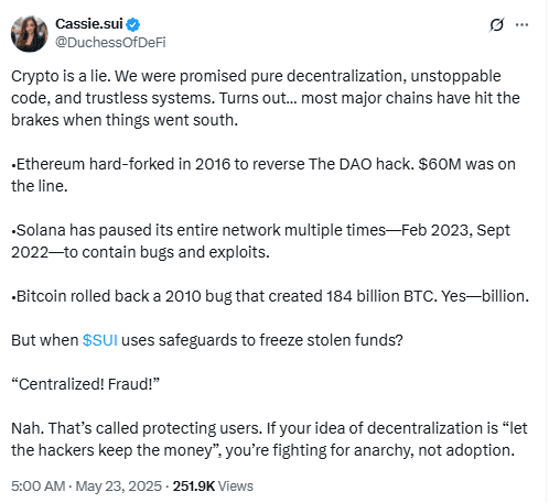 Cassie.sui Defends Sui Network's Anti-Hack Measures. Source: X (@DuchessOfDeFi)