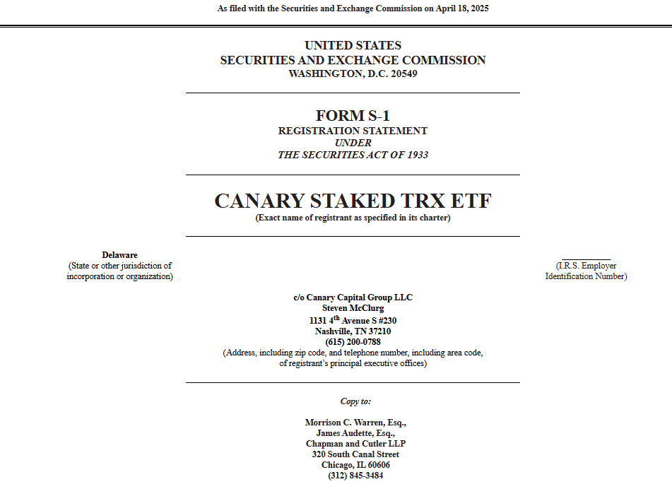 Canary Capital Files Staked TRX ETF Registration with SEC.Source: U.S. Securities and Exchange Commission 