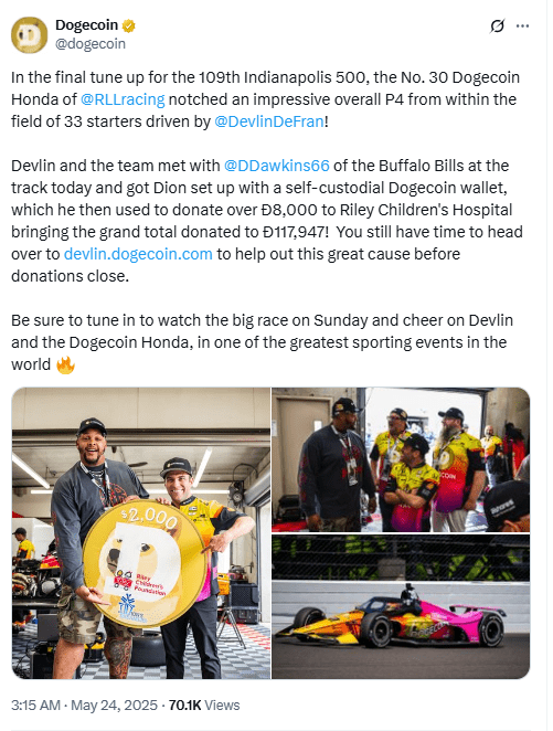  Dogecoin Car and Dion Dawkins at Indy 500.Source: X/@dogecoin