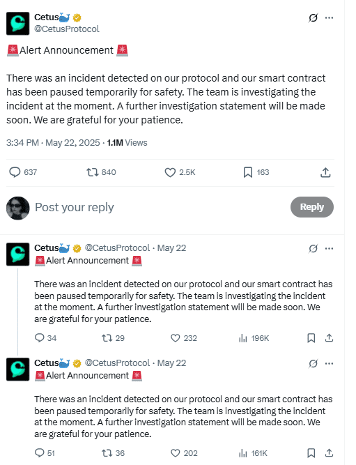Cetus Protocol Halts Smart Contract After Exploit Notice.Source: X/@CetusProtocol