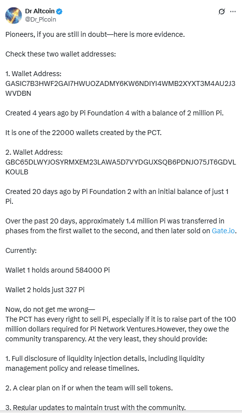 Pi Core Team Wallet Transfers Exposed. Source: X/@Dr_Picoin
