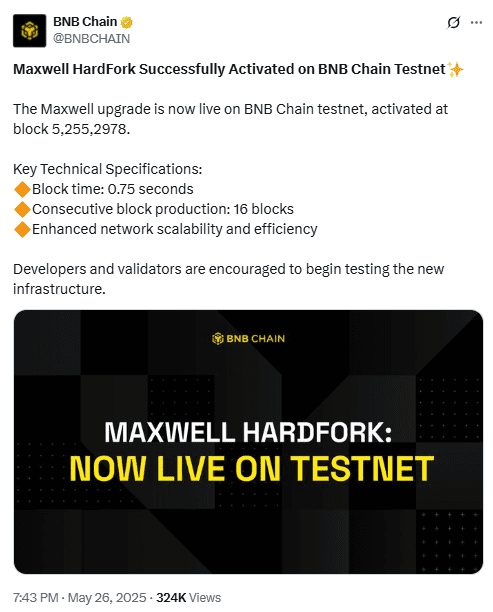 BNB Chain Maxwell Hard Fork Testnet Launch ConfirmedSource: BNB Chain on X