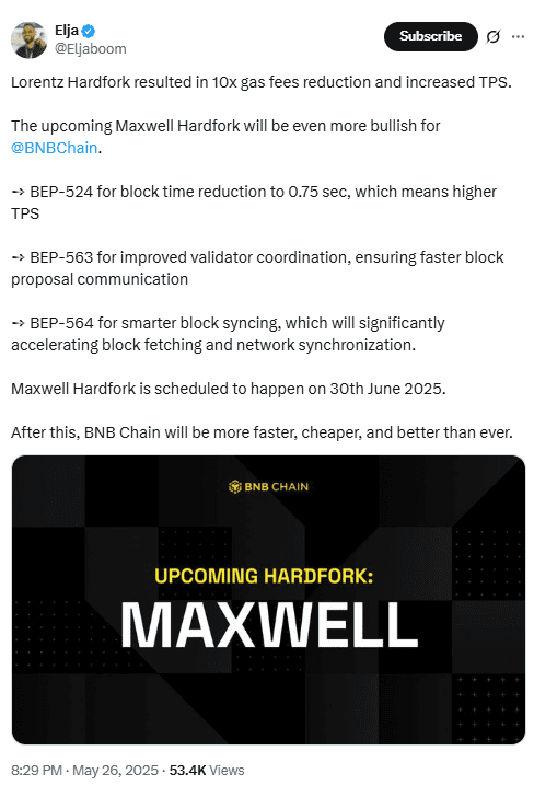 Elja Breaks Down Maxwell Hard Fork Benefits Ahead of BNB Chain Mainnet RolloutSource: Elja on X (@Eljaboom)