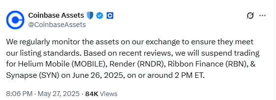 Coinbase Suspends Trading for RNDR, MOBILE, RBN, SYN. Source: Coinbase Assets on X