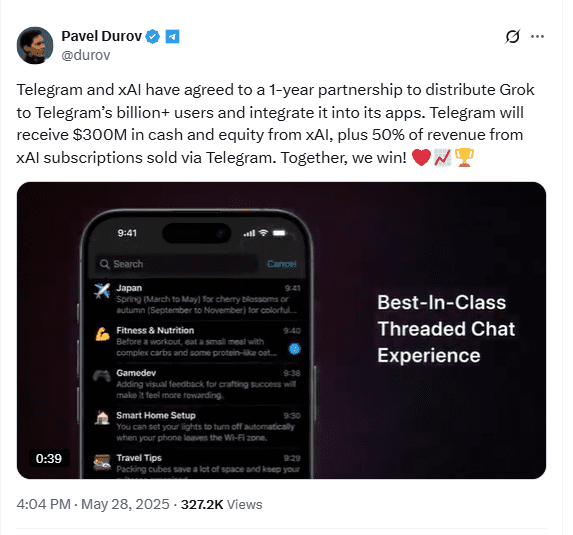 Telegram Secures $300M xAI Deal for Grok Integration. Source: Pavel Durov on X