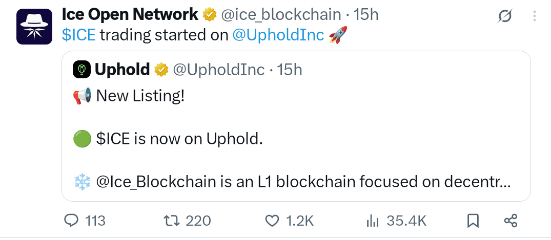 The ICE token has officially launched on Uphold