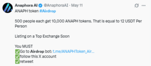 Anaphora AI is distributing 10,000 ANAPH tokens to 500 winners. 