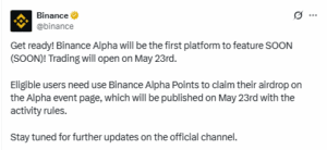 Binance Alpha will airdrop and list the SOON token on May 23,