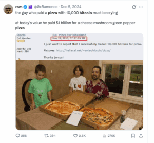 the man who bought 2 pizza by paying 10,000 BTC worth $1.037 billion today.