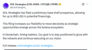 Sol Strategies Files $1 Billion Prospectus to Strengthen Solana