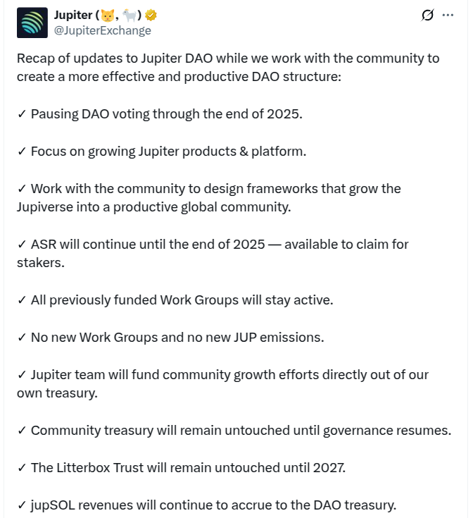 Jupiter DAO Voting Pause Announcement.Source: X / @kashdhanda.