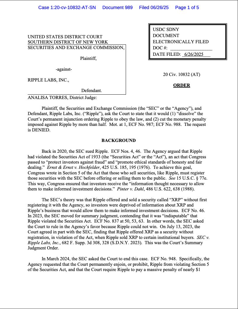 Ripple SEC Lawsuit Court Order Denial. Source: U.S. District Court – SDNY