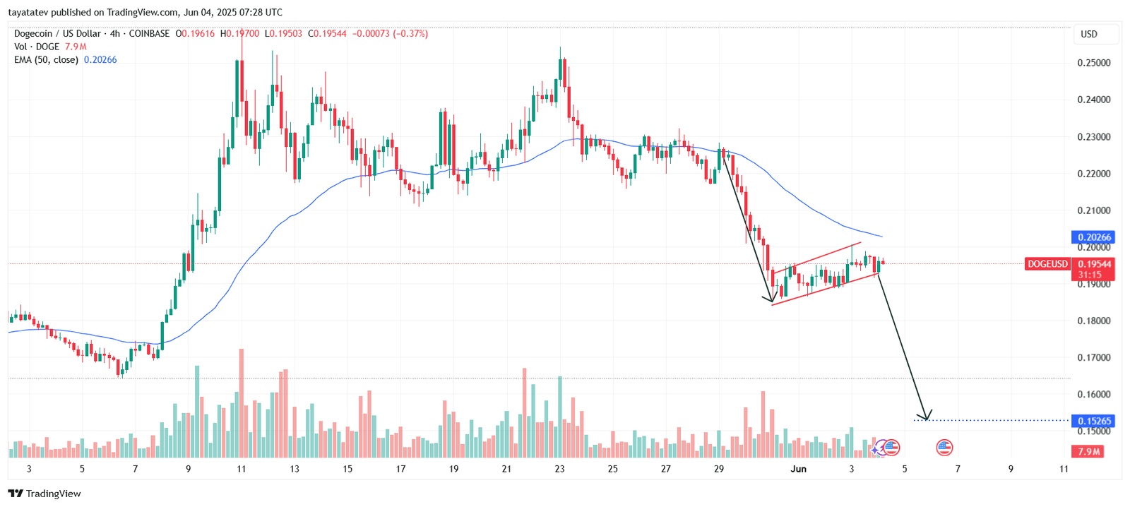 DOGE/USD – Bearish Flag Breakdown SetupSource: TradingView.com