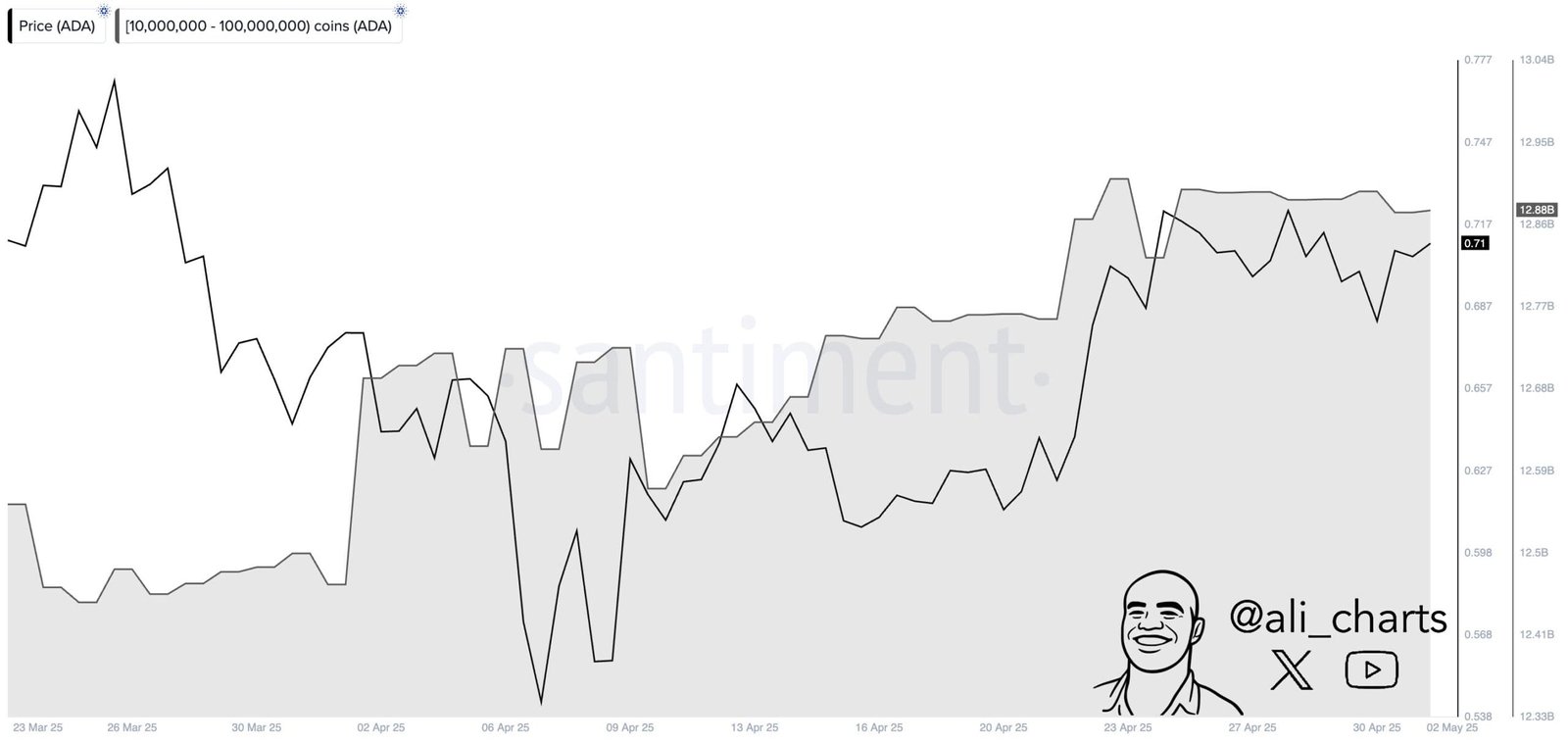 ADA Whale Accumulation (10M–100M coins) vs. PriceSource: Santiment