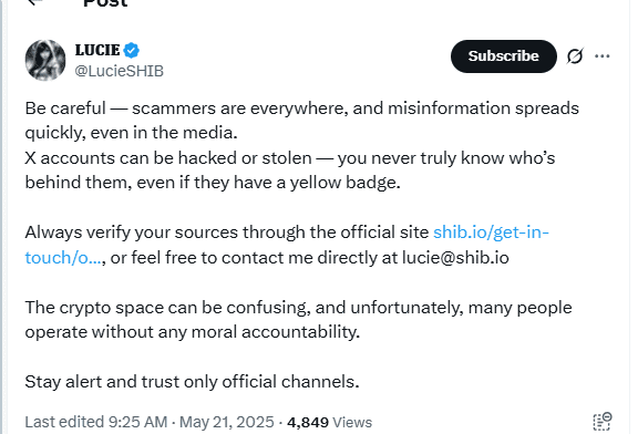 Lucie Warns of Scammers and Misinformation in Shiba Ecosystem. Source: X/@LucieSHIB
