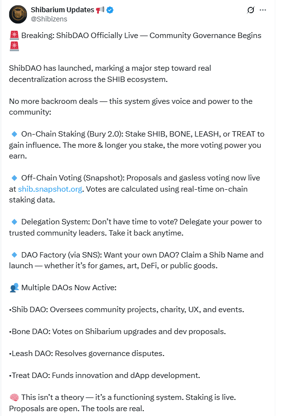 ShibDAO Governance Goes Live with Bury 2.0 and DAO Factory. Source: X/@Shibizens