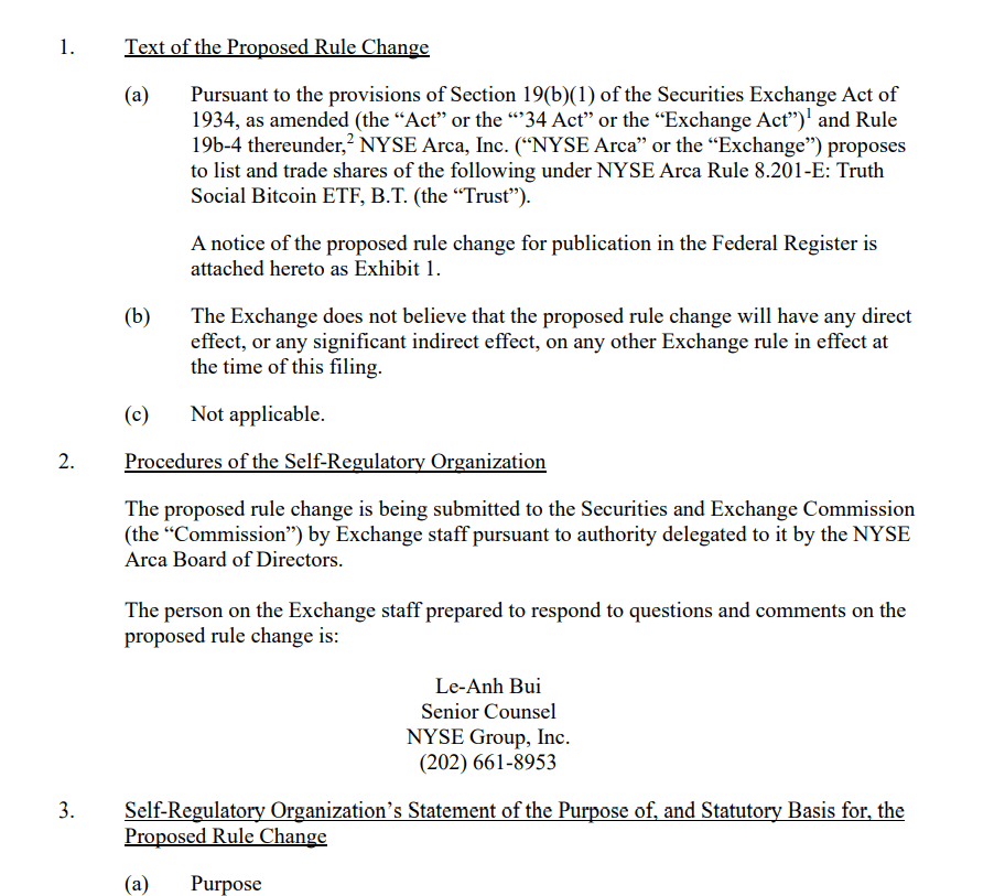 Truth Social Bitcoin ETF Filing Document. Source: NYSE Arca SEC Form 19b-4