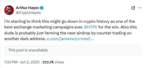 Arthur Hayes on HYPE Strategy Move. Source: @CryptoHayes on X
