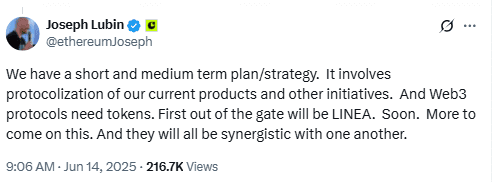 Joseph Lubin Confirms LINEA Token Launch Plan. Source: @ethereumJoseph on X