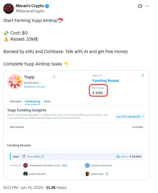 Yupp Airdrop Funding OverviewSource: Maran's Crypto on X (@MaransCrypto)