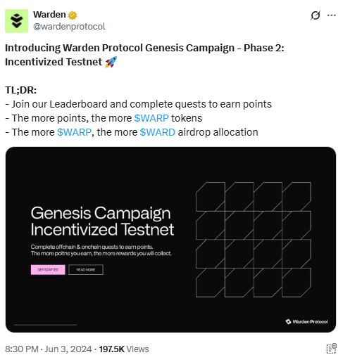 Warden Protocol Genesis Campaign Phase 2Source: Warden Protocol on X (@wardenprotocol)