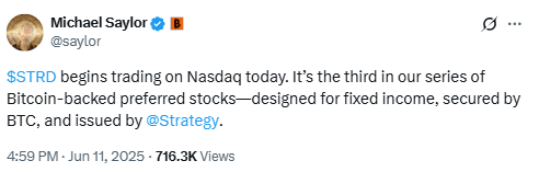 Michael Saylor Confirms STRD Nasdaq Debut. Source: @saylor on X