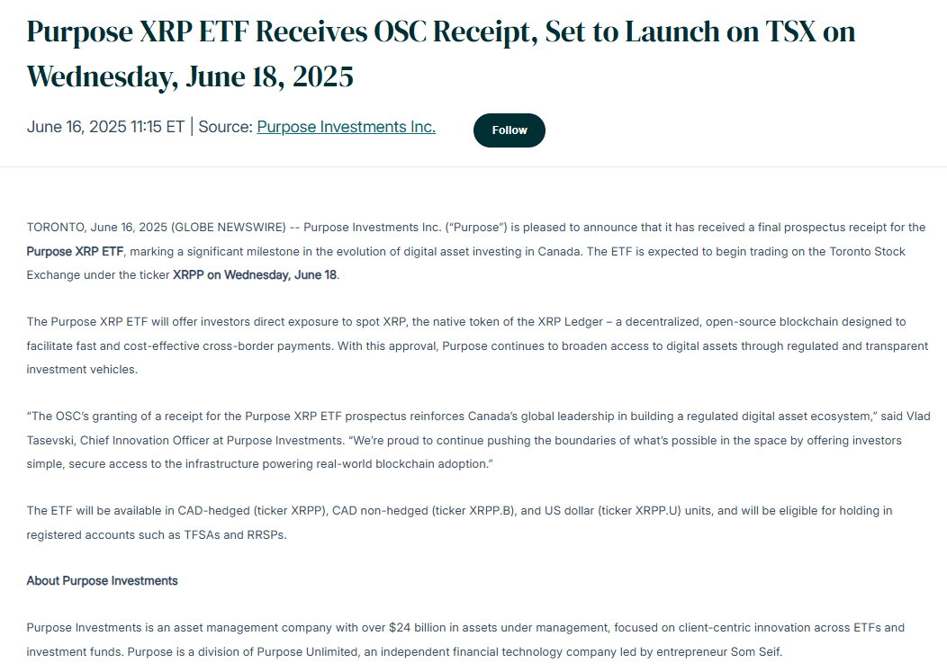 Purpose XRP ETF Launch Date Confirmed. Source: Purpose Investments Inc.