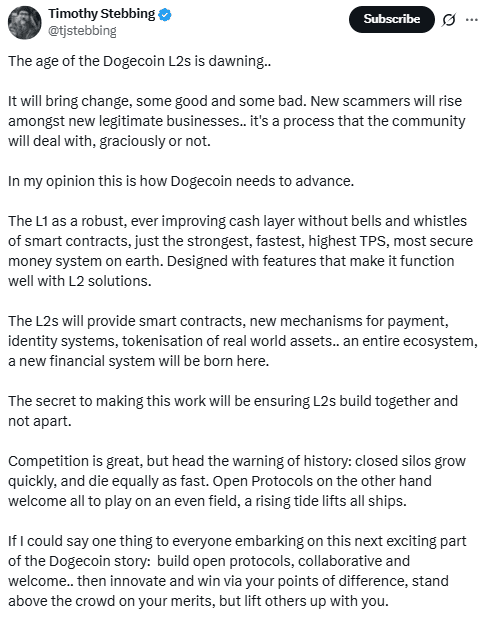 Dogecoin L2 Vision StatementSource: Timothy Stebbing on X (@tjstebbing)