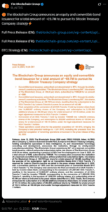 Official X post by @_ALTBG announcing a €9.7 million equity and convertible bond issuance to fund its Bitcoin Treasury Company strategy, with links to press releases and a BTC strategy document. Includes a preview image of the full press release dated June 12, 2025.