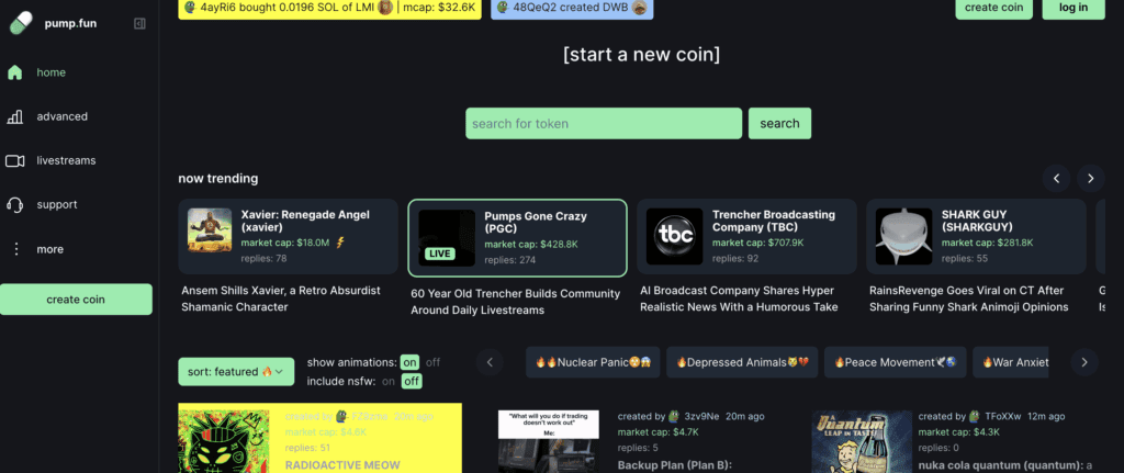 Pump.fun's website as of June 17