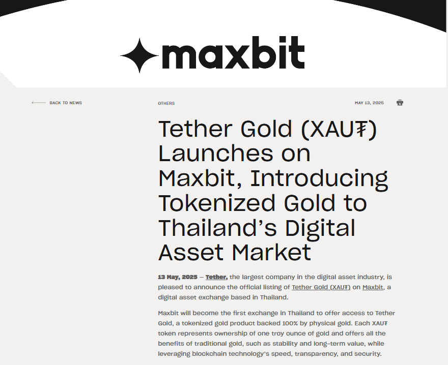 Tether Gold XAUT Launches on MaxbitSource: Maxbit