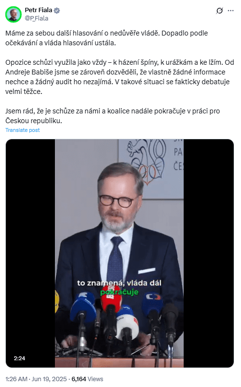 Petr Fiala Addresses Media After No-Confidence VoteSource: X/@P_Fiala