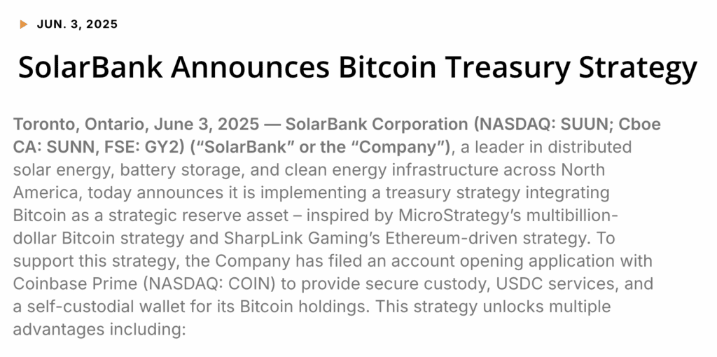 SolarBank's Bitcoin treasury announcement